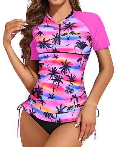 Women's Short Sleeve Swim Shirt And Bottom Rash Guard Set-Pink Palm Elegant Ruffle Swimsuit