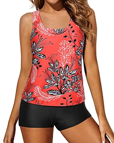 Loose Tankini Top With Tummy Control Boyshorts For Women And Moms-Red Floral Mesh Panel Swimwear