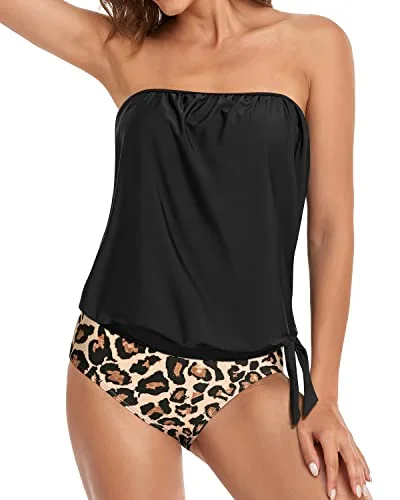 Modest And Sexy Bandeau Tankini Tops For Women Swimwear-Black And Leopard Sporty Swim Shorts