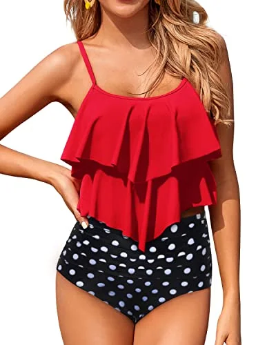 Two Piece Retro High Waisted Bikini Bottom Swimsuits For Women-Red Dot Beach Ready Swimsuit