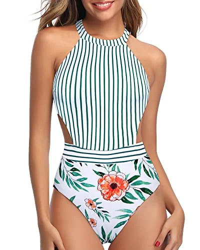 Tummy Control One Piece Cutout Swimsuits For Women-White Floral Elegant Swim Dress