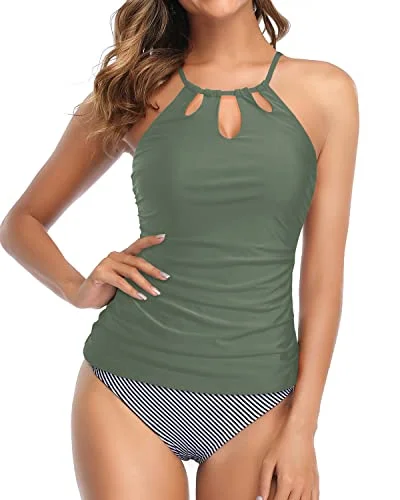 High Neck Tankini Swimsuit For Women Tummy Control Ruched Two Piece-Army Green Minimalist One-Piece