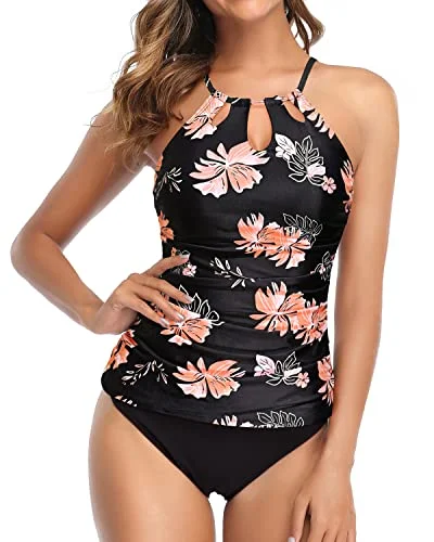 Ruched Push Up Padded Bra Tankini Swimsuit For Women-Black Orange Floral Color-Block Bikini