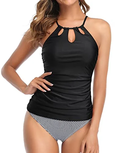 Halter Swim Tankini Top With Bikini Bottom For Women-Black Stripe Luxury Swimsuit Style