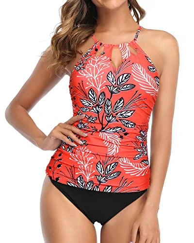 Two Piece High Neck Swim Tankini Top With Bikini Bottom-Red Floral Luxury Swimsuit Style