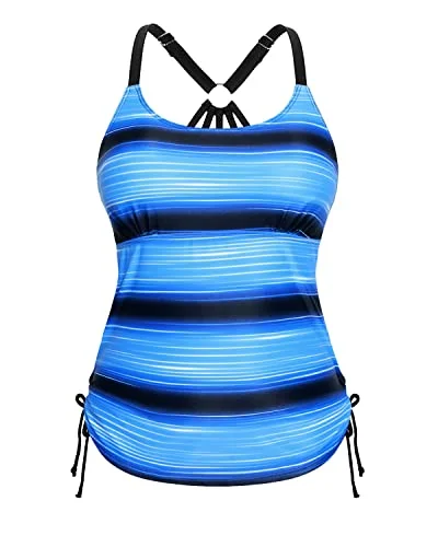 Stylish And Trendy Strappy Racerback Tankini Swim Top Only-Black And Blue Stripes Comfortable Swim Dress