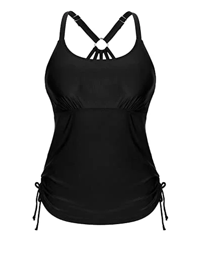 Tie Side Drawstrings Tankini Swim Top Only For Modest Coverage-Black Elegant Ruffled Bikini