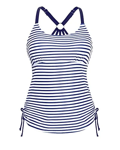 U Neck Tankini Top With Adjustable Strappy Racerback Tank Tops Women-Blue And White Stripes Adjustable Swim Top