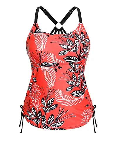 U Neck Tankini Top With Removable Padded Bra Swimsuit Tops For Women-Red Floral Comfortable Tankini Set