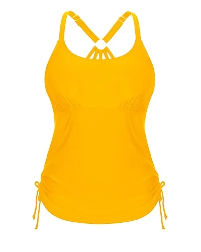 Loose Ruched Tankini Top With Tie Side Drawstrings Tank Tops Women-Yellow High-Waisted Swimwear