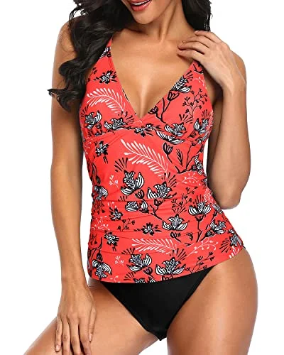 Flattering V Neck Tankini Set Swimsuits For Women-Red Floral Tie-Back Swimwear