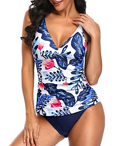 Two Piece Push Up Tankini Top Bathing Suits For Women-White And Blue Floral Vibrant Bikini Design