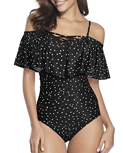 Criss Cross Lace Up One Piece Swimsuits For Women-Black White Dot Elegant Halter Bikini