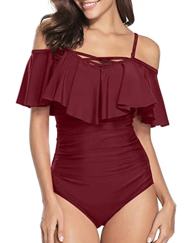 Best Vintage Ruffle Swimwear With Bathing Suits For Women-Maroon Classic Monokini Design