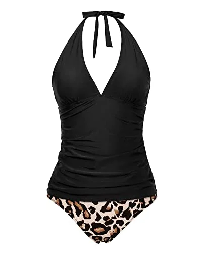 Two Piece Adjustable Self Tie Shoulder Straps Tankini Set-Black And Leopard Retro Swimwear Style