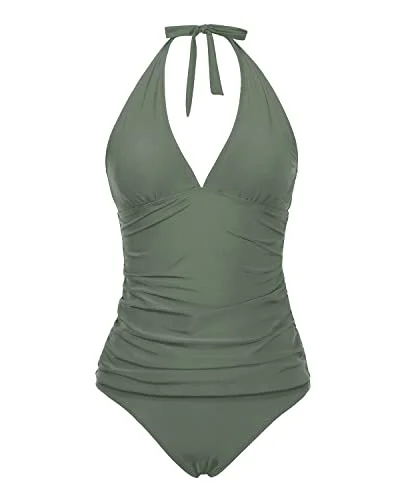 Sexy Charming V Neck Two Piece Tankini Swimwear For Teenagers-Olive Green Soft Beachwear Set