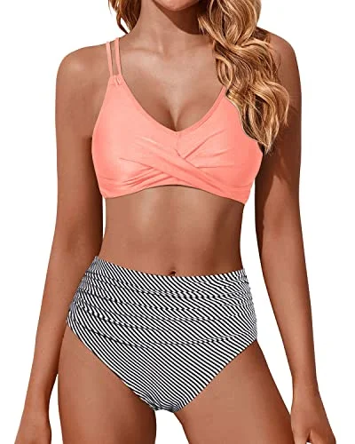 Ruched High Waisted Bikini Set Two Piece Swimsuits Push Up Wrap Swim Suits-Coral Pink Stripe Color-Block Bikini