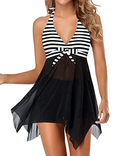 Asymmetrical V Neck Swimdress With Tummy Control Boy Shorts-Black And White Stripe Swim Dress with Belt