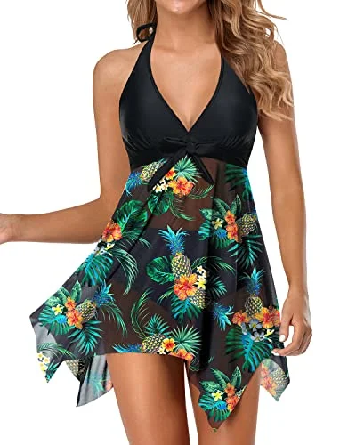 V Neck Two Piece Swimsuit For Women With Tummy Control Boy Shorts-Black Pineapple Flirty Ruffle Swimsuit