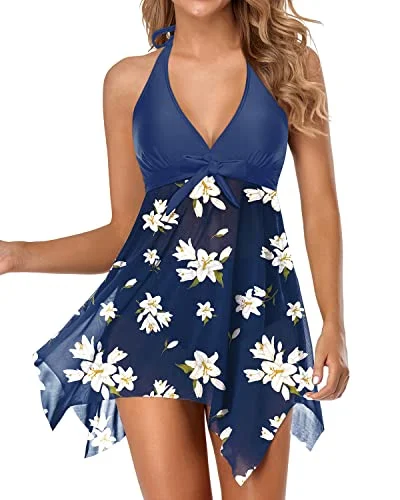 V Neck Swimsuit With Flowy Dress And High Waisted Bottoms-Blue White Quick-Dry Tankini