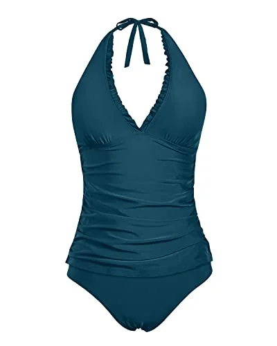 Two Piece V Neck Tankini Swimsuits With Bikini Bottoms For Women-Teal Elegant Swimsuit Bottoms