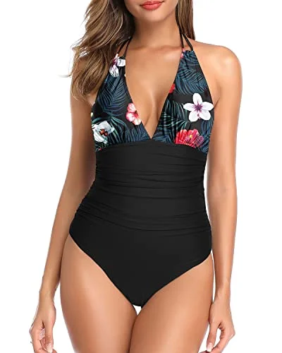 Vintage Women's One Piece Swimsuit Tummy Control Halter Swimwear-Black Floral Cross-Back Bikini