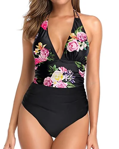 Vintage Women One Piece Swimsuit Tummy Control Plunge V Neck Swimwear-Black Floral High-Waisted Swim Bottoms