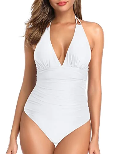 Halter V Neck Sexy Plunge One Piece Swimsuit Women Tummy Control-White Trendy Swimwear Set