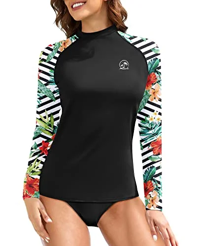 Women's Long Sleeve Rash Guard Swim Top With Upf 50+ Sun Protection-Black And Striped Elegant Swimsuit Bottoms