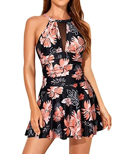 High Neck Removable Padded Cup Swimdress Swimsuits For Women-Black Orange Floral Comfortable Swim Shorts