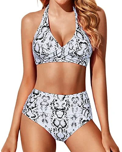 Halter Top Swimsuit With Ruched Tummy Control High Waisted Bikini Set-Snake Print Sporty Swimsuit Style