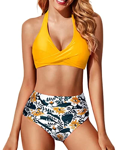 Ruched Twist Front Bikini Top With Bottoms High Waisted Swimsuit-Yellow Floral Chic Beach Cover-Up