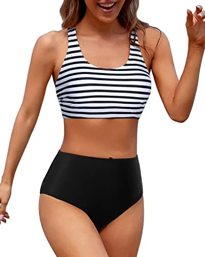 Full Coverage Modest Coverage With Women's Sporty Swimsuit-Black And White Stripe Swim Dress with Belt