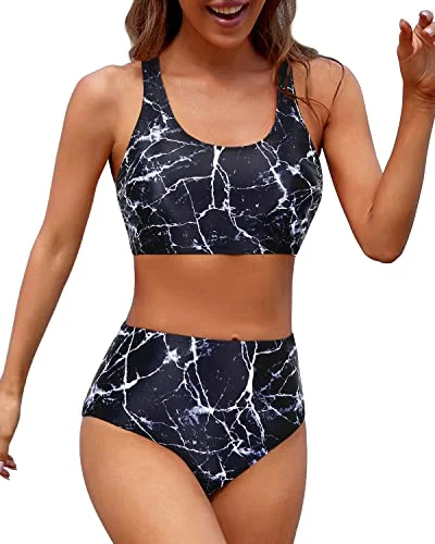 Sporty Women's Two Piece Bikini Sports Crop Top Swimsuit-Black Marble Halter Top Bikini