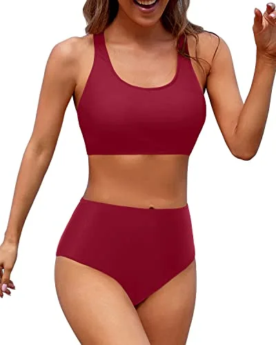 Two Piece Women High Waisted Bikini Sports Crop Top Swimsuit-Red Bold Swimsuit Design