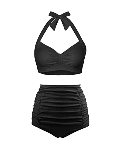 Women's Polyester And Spandex Quick Drying Retro Swimwear-Black Plus-Size Bikini Set