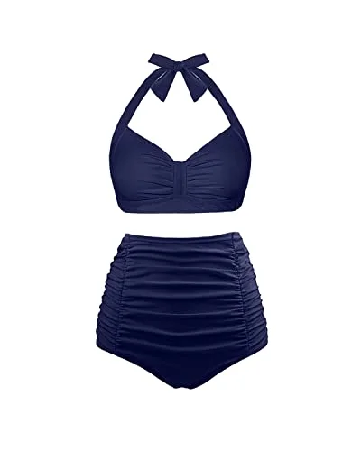 Push Up Halter Women's Maternity Swimsuit For Moms And Juniors-Navy Blue Cross-Back Bikini