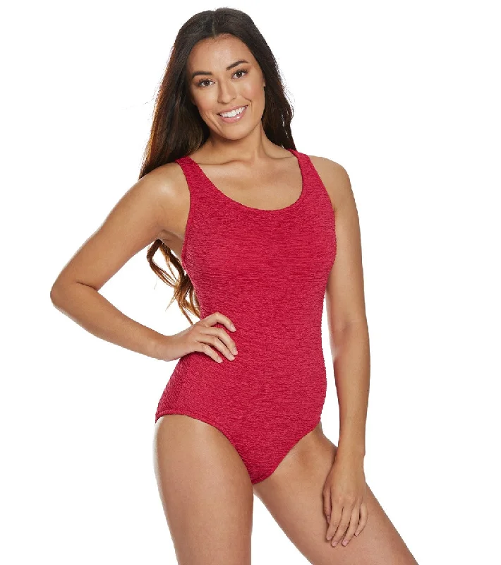Women's Krinkle By Penbrooke Chlorine Resistant Cross Back One Piece Swimsuit Poppy Red Tropical Print One-Piece