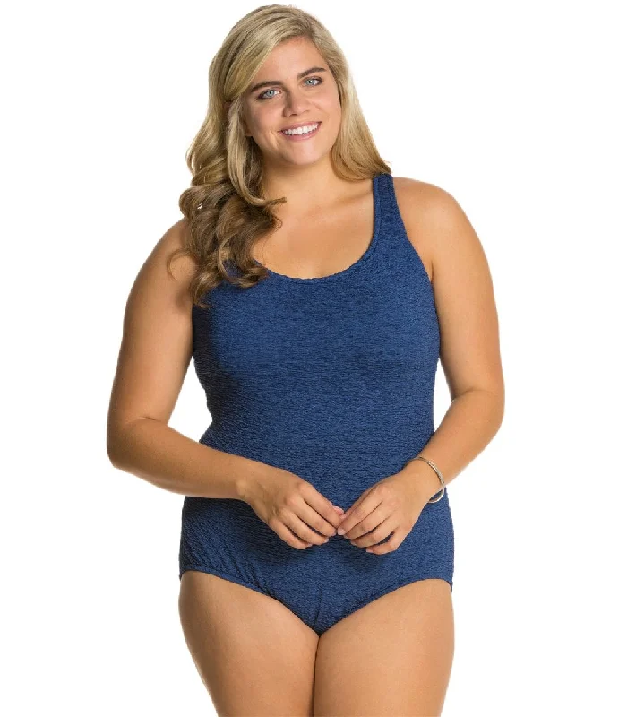Women's Krinkle By Penbrooke Plus Size Chlorine Resistant One Piece Cross Back Swimsuit Denim Quick-Dry Swimsuit