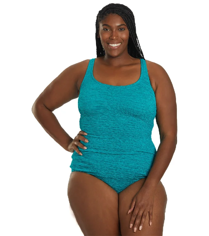Women's Krinkle By Penbrooke Plus Size Chlorine Resistant One Piece Scoop Neck Sheath Swimsuit Jade Elegant Swim Dress