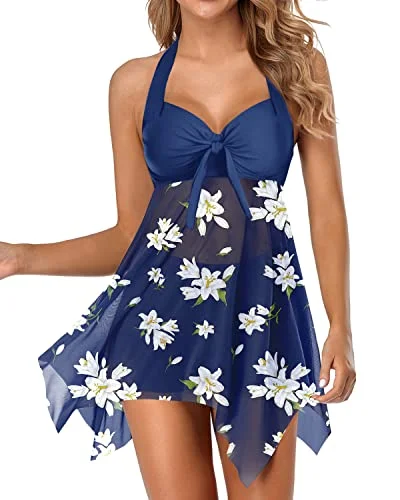 Underwire Swimsuits With Full Coverage For Women And Girls-Blue White Ruffled Swimsuit Top