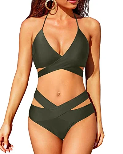 Crossed V Shaped Waist Wrap Bandage Bikini Halter Neck Swimsuit-Army Green Retro Swimwear Style