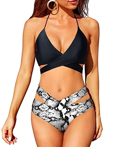 High Leg Criss Cross Bikini High Waisted Push Up Swimsuit-Black And White Snake Print Lace Back Bikini