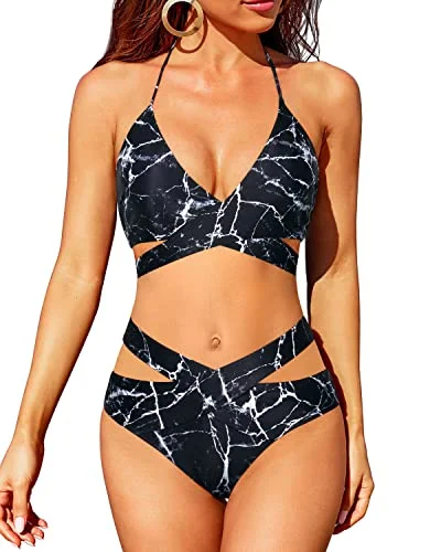 High Waisted Bikini Sets For Women Halter Wrap Criss Cross Two Piece Swimsuit-Black Marble Strappy Back Bikini