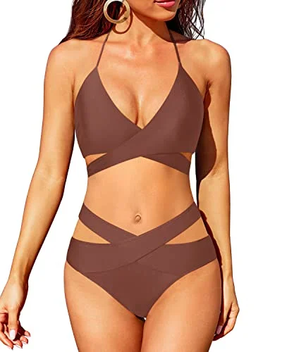 High Leg Two Piece Swimsuit Push Up Criss Cross Bathing Suit-Brown Elegant Ruffle Swimsuit