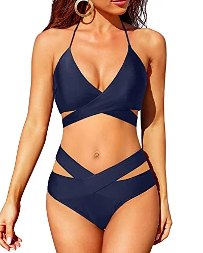 Wrap Bandage Criss Cross Bikini Set High Waisted Push Up Swimsuit-Navy Blue Elegant Swim Dress