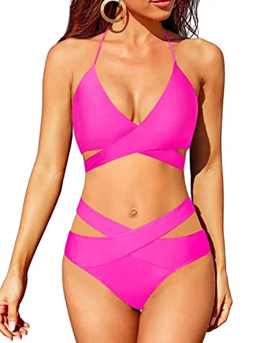 High Leg Bikini For Women High Waisted Bikini Push Up Swimsuit-Neon Pink Swimsuit with Skirt