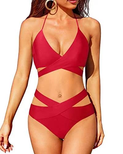 High Leg Women's Bikini Push Up Swimsuit Halter Wrap Bathing Suit-Red Classic Swimsuit Design