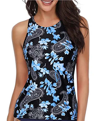 Women's Tummy Control Tankini Top Swimsuit Top-Blue Floral Quick-Dry Tankini