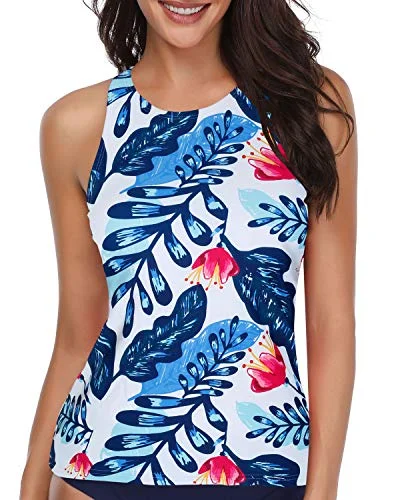 Ladies High Neck Tankini Top Swimwear Modest Bathing Suit Tops-White And Blue Floral Floral Bikini Top